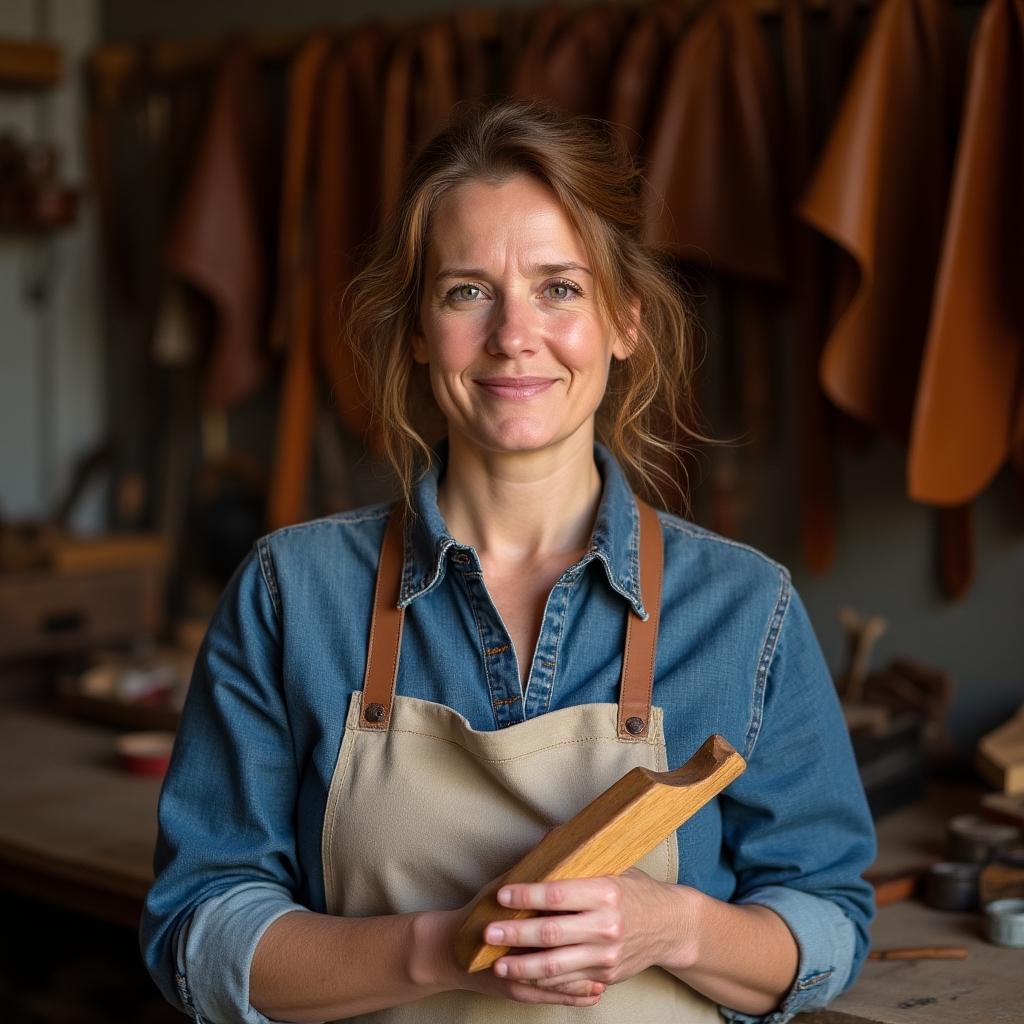 Retrato de la coordinadora del taller sosteniendo una horma de madera en el taller de Donostia