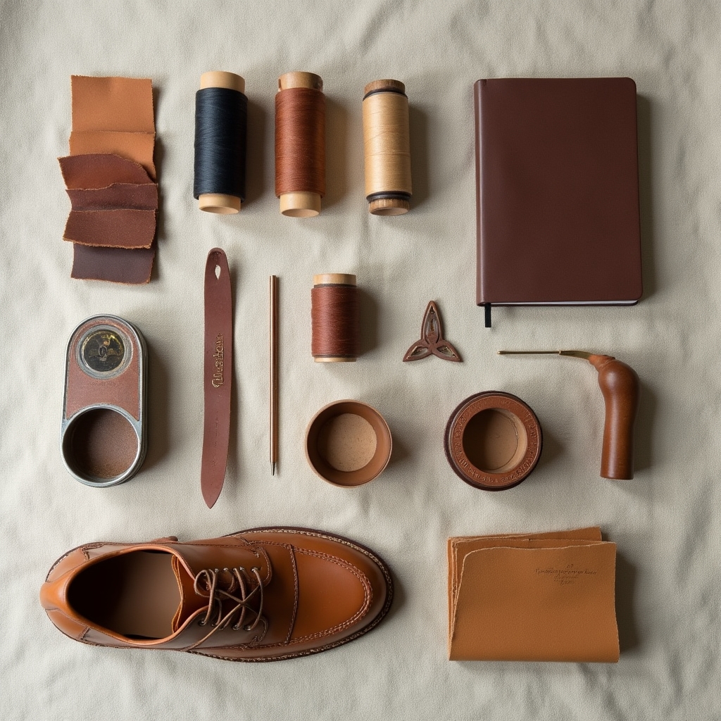 Kit de herramientas de zapatero y marroquinería sobre un paño de lona antes de empezar una clase